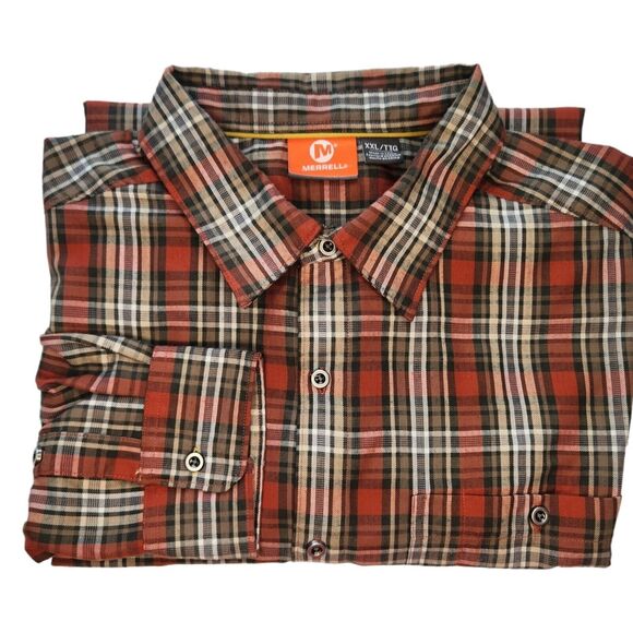 Merrell Mens Shirt Size XXL Orange Plaid Hiking Long Sleeve Button Collared 2XL - Picture 2 of 10